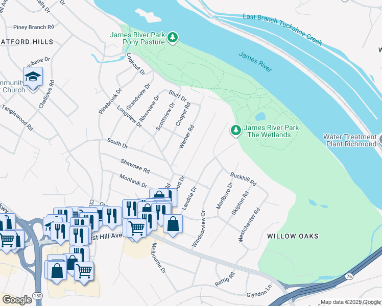 map of restaurants, bars, coffee shops, grocery stores, and more near 3317 Blithewood Drive in Richmond
