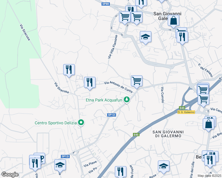map of restaurants, bars, coffee shops, grocery stores, and more near 32A Via Anna Magnani in Misterbianco