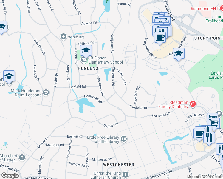 map of restaurants, bars, coffee shops, grocery stores, and more near 3408 Cheyenne Road in Richmond