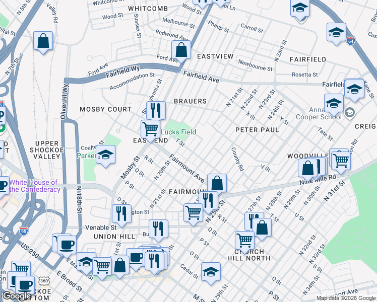 map of restaurants, bars, coffee shops, grocery stores, and more near 1322 North 21st Street in Richmond