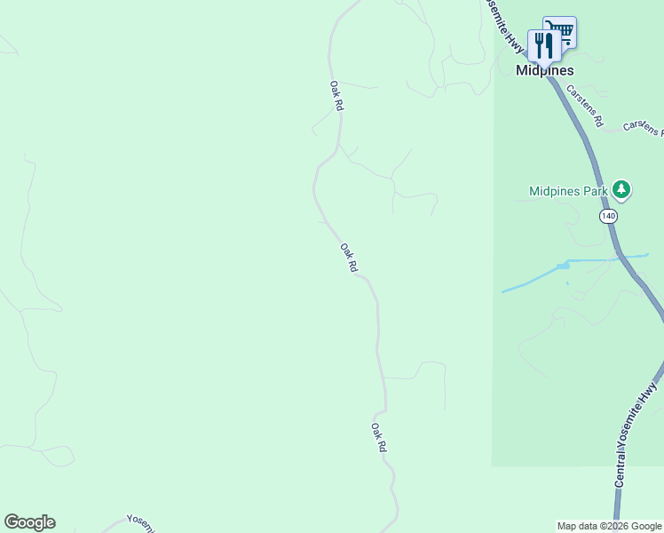 map of restaurants, bars, coffee shops, grocery stores, and more near 5192 Oak Road in Midpines
