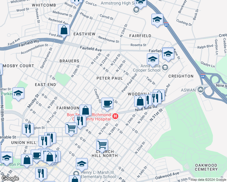 map of restaurants, bars, coffee shops, grocery stores, and more near 1609 North 25th Street in Richmond