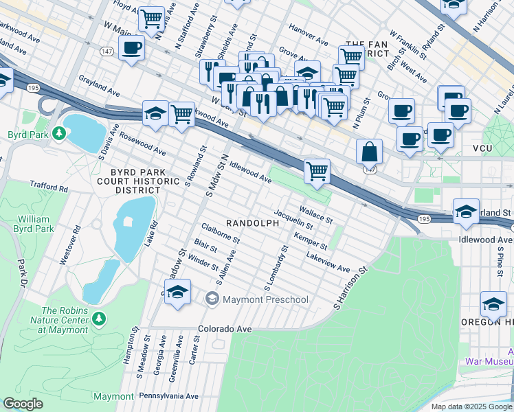 map of restaurants, bars, coffee shops, grocery stores, and more near 1800 Maplewood Avenue in Richmond