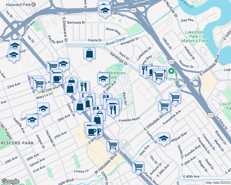 map of restaurants, bars, coffee shops, grocery stores, and more near 2852 Paddock Way in San Mateo