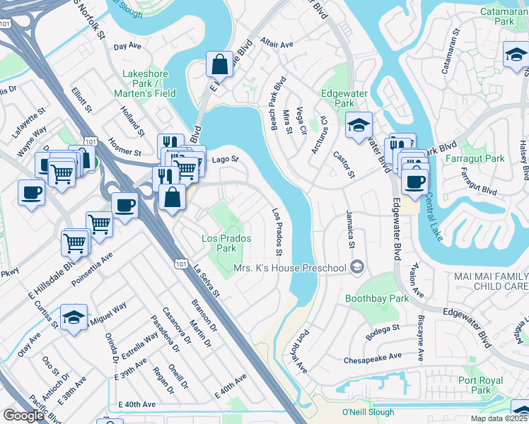 map of restaurants, bars, coffee shops, grocery stores, and more near 3201 Llano Street in San Mateo