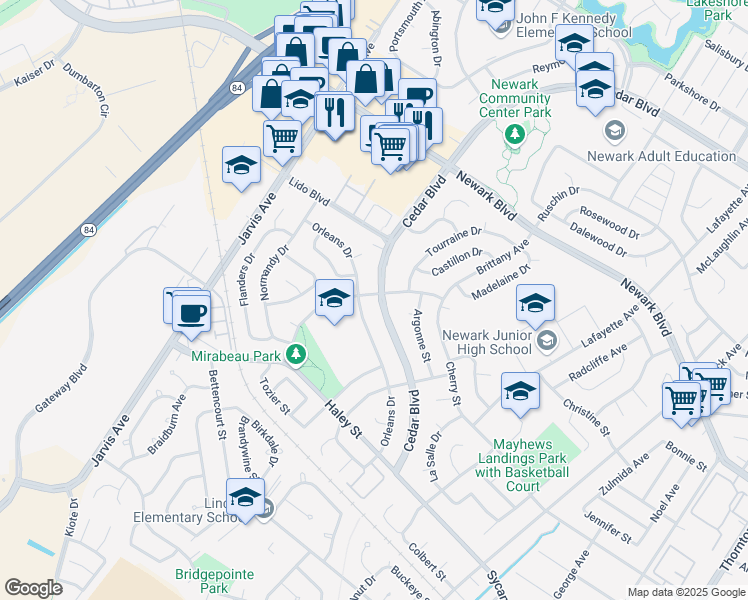 map of restaurants, bars, coffee shops, grocery stores, and more near 6432 Mirabeau Drive in Newark