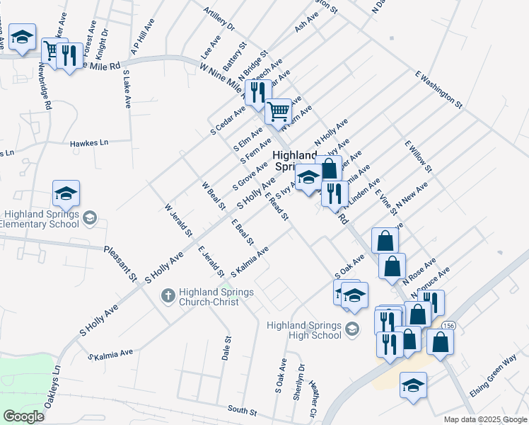 map of restaurants, bars, coffee shops, grocery stores, and more near 107 South Ivy Avenue in Highland Springs