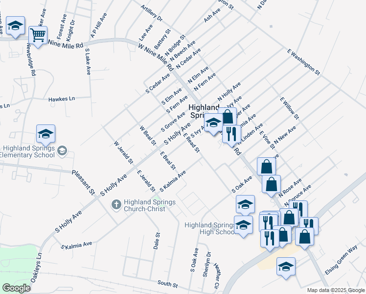 map of restaurants, bars, coffee shops, grocery stores, and more near 107 South Ivy Avenue in Highland Springs