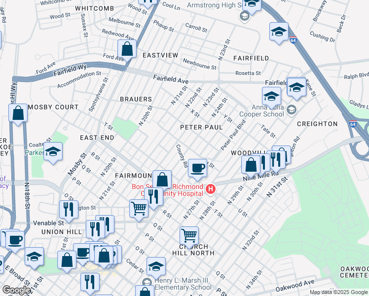 map of restaurants, bars, coffee shops, grocery stores, and more near 1516 North 24th Street in Richmond