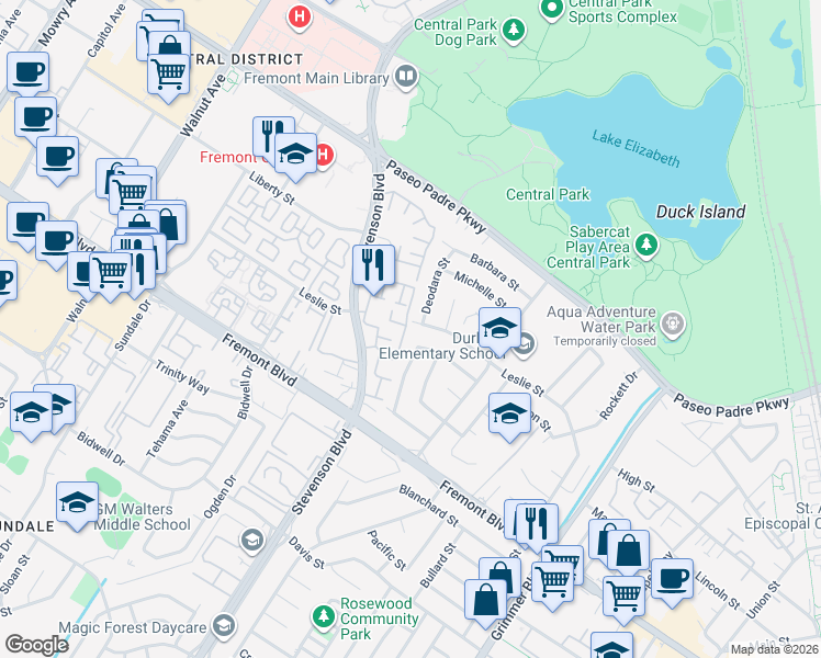 map of restaurants, bars, coffee shops, grocery stores, and more near 39979 Leslie Street in Fremont