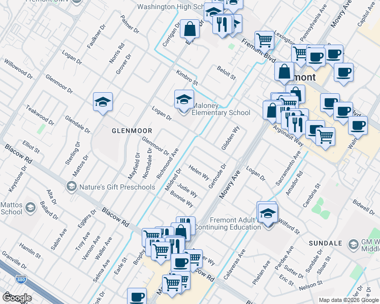 map of restaurants, bars, coffee shops, grocery stores, and more near 4583 Mildred Drive in Fremont