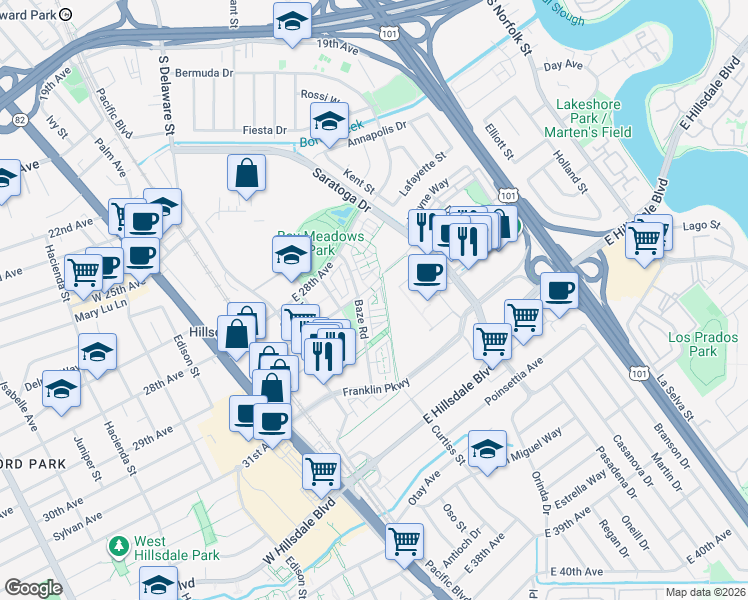 map of restaurants, bars, coffee shops, grocery stores, and more near 402 Longden Avenue in San Mateo