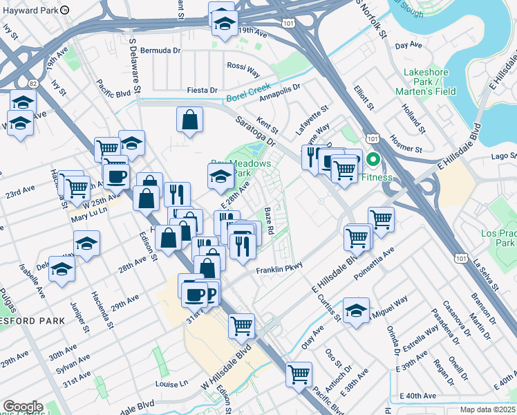 map of restaurants, bars, coffee shops, grocery stores, and more near 2852 Paddock Way in San Mateo