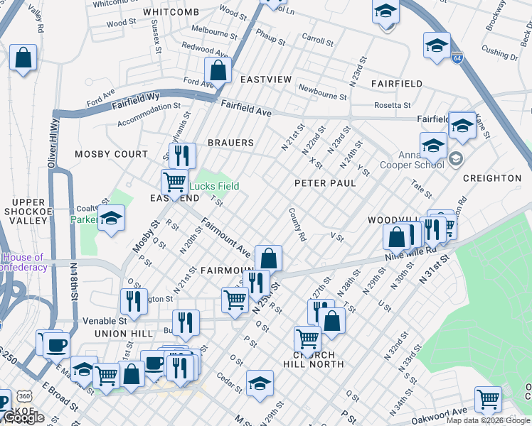 map of restaurants, bars, coffee shops, grocery stores, and more near 1414 North 22nd Street in Richmond