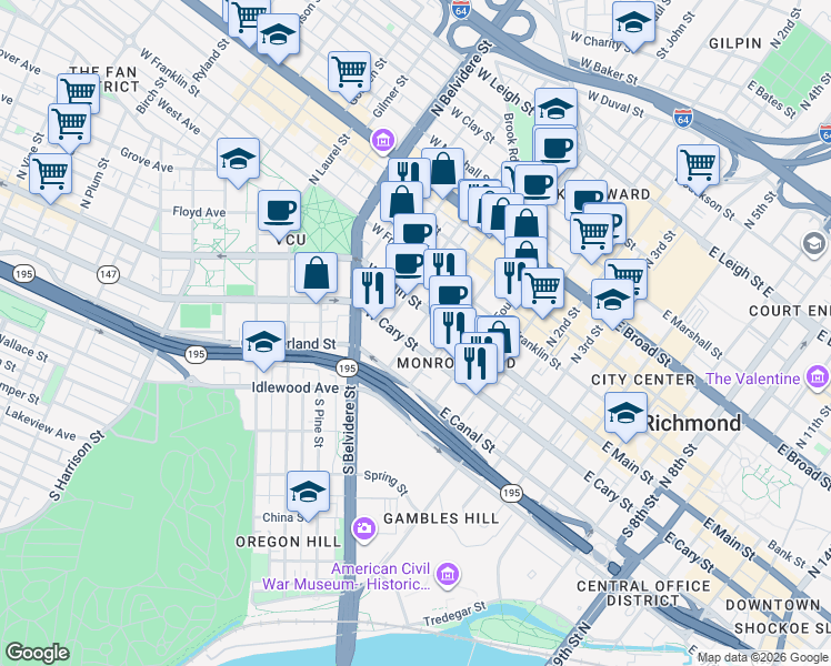 map of restaurants, bars, coffee shops, grocery stores, and more near in Richmond
