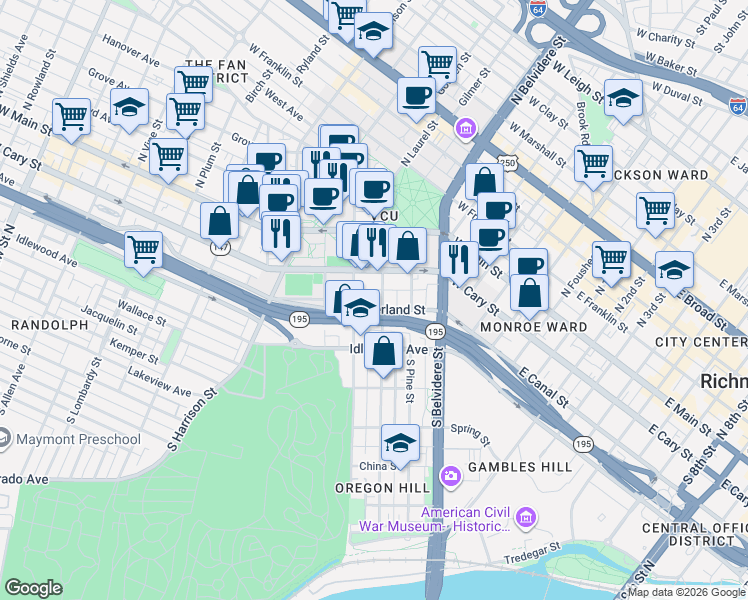 map of restaurants, bars, coffee shops, grocery stores, and more near 137 South Cherry Street in Richmond