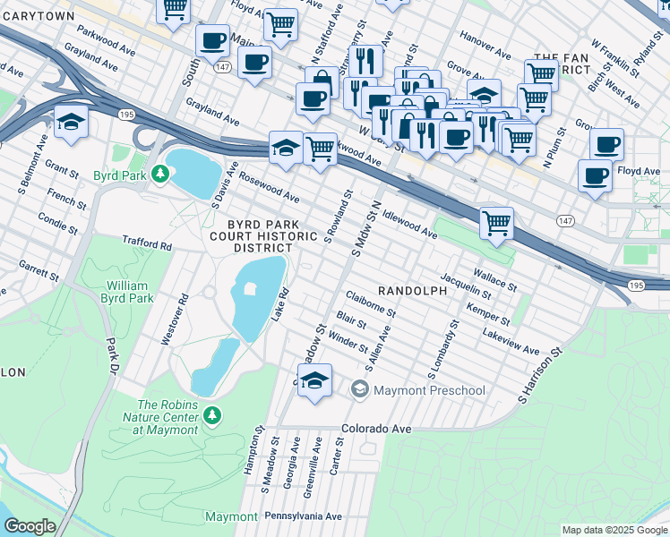 map of restaurants, bars, coffee shops, grocery stores, and more near in Richmond