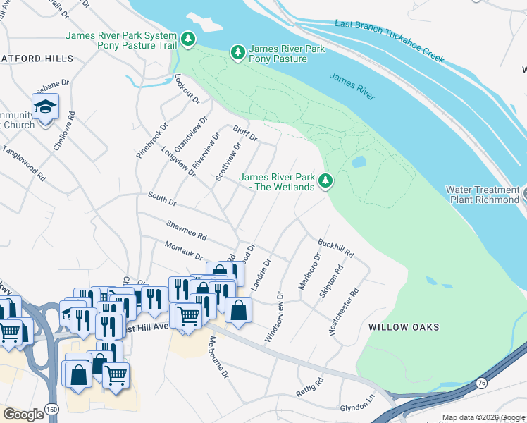map of restaurants, bars, coffee shops, grocery stores, and more near 3317 Blithewood Drive in Richmond