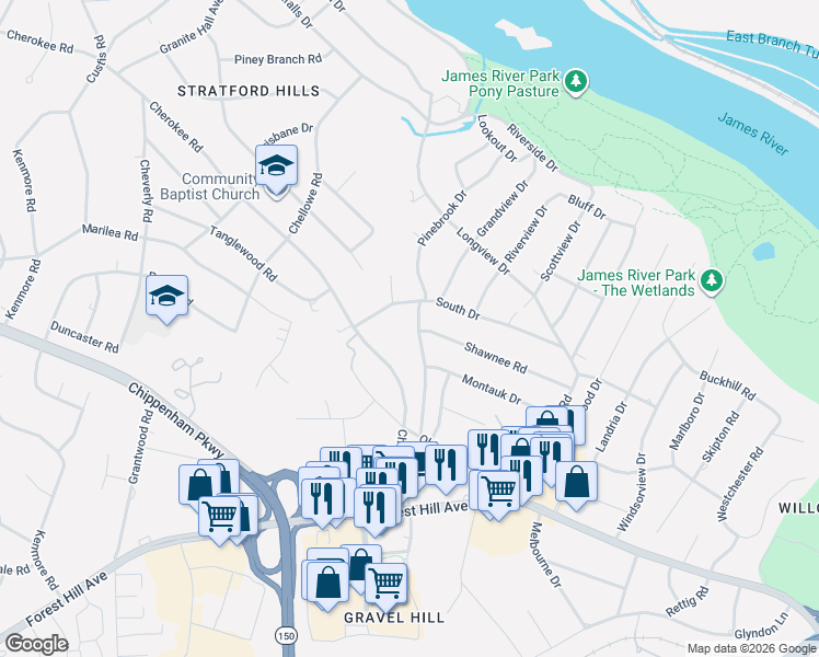 map of restaurants, bars, coffee shops, grocery stores, and more near 7217 South Drive in Richmond