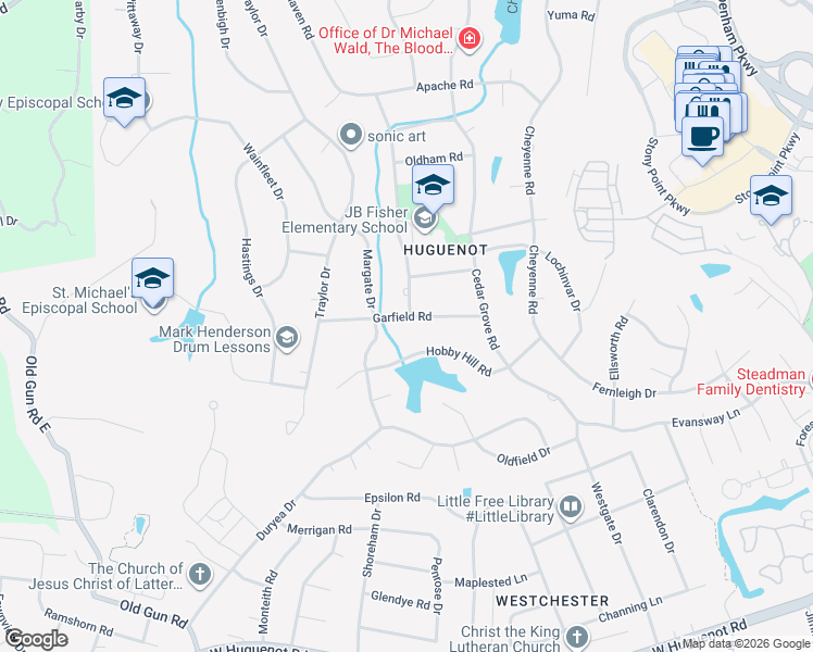 map of restaurants, bars, coffee shops, grocery stores, and more near 10163 Garfield Road in Richmond