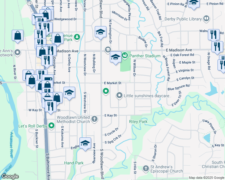map of restaurants, bars, coffee shops, grocery stores, and more near 119 South Circle Drive in Derby