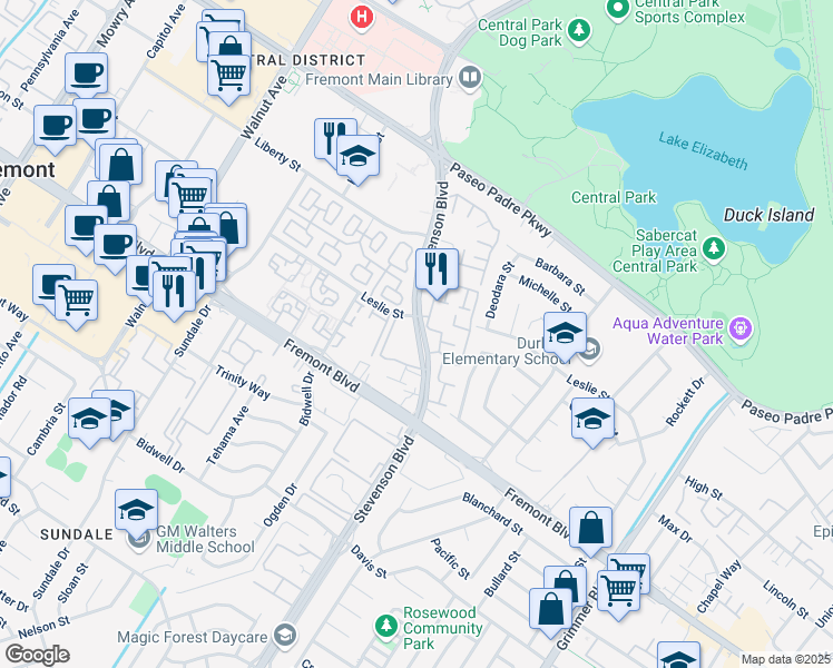 map of restaurants, bars, coffee shops, grocery stores, and more near 3695 Stevenson Boulevard in Fremont