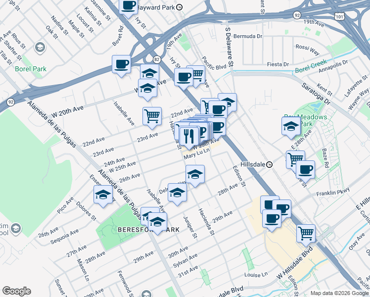 map of restaurants, bars, coffee shops, grocery stores, and more near 168 West 25th Avenue in San Mateo