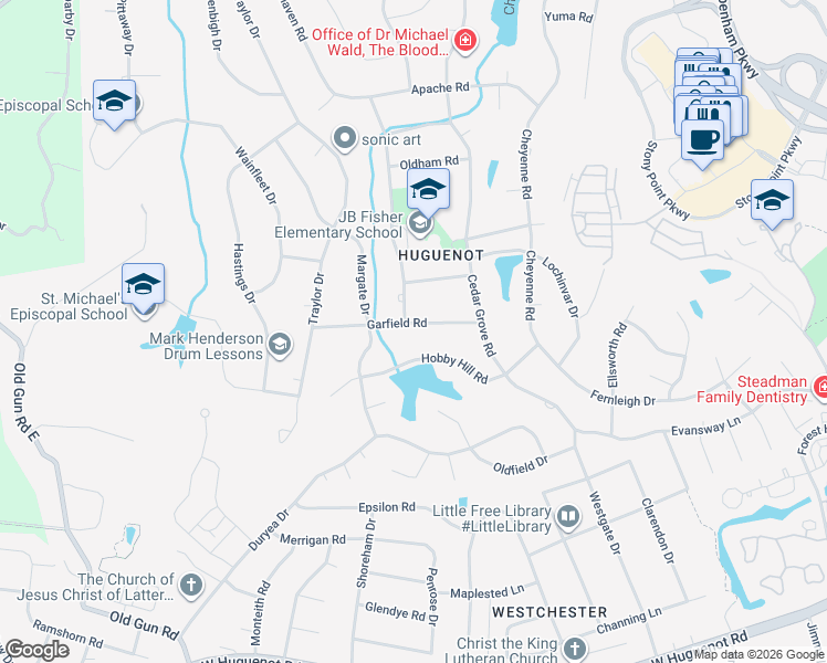 map of restaurants, bars, coffee shops, grocery stores, and more near 10163 Garfield Road in Richmond