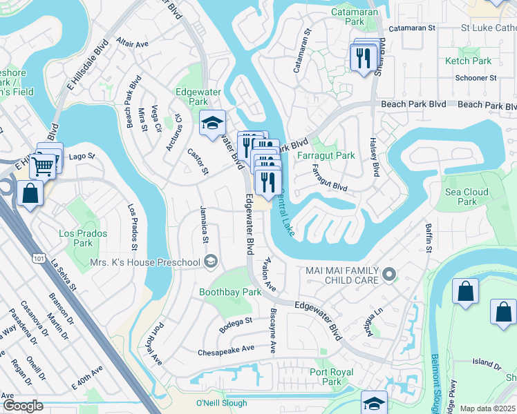 map of restaurants, bars, coffee shops, grocery stores, and more near 999 Edgewater Boulevard in Foster City