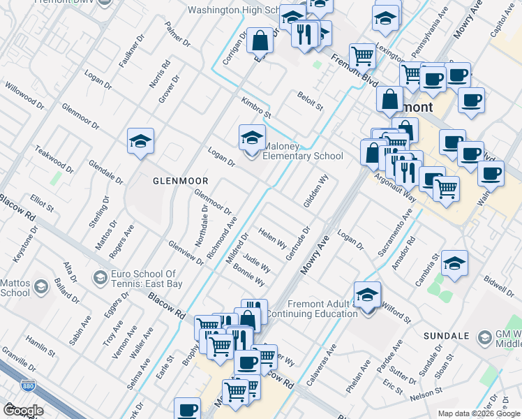 map of restaurants, bars, coffee shops, grocery stores, and more near 4583 Mildred Drive in Fremont