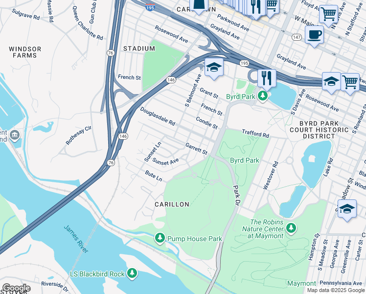 map of restaurants, bars, coffee shops, grocery stores, and more near 3101 Grantland Drive in Richmond