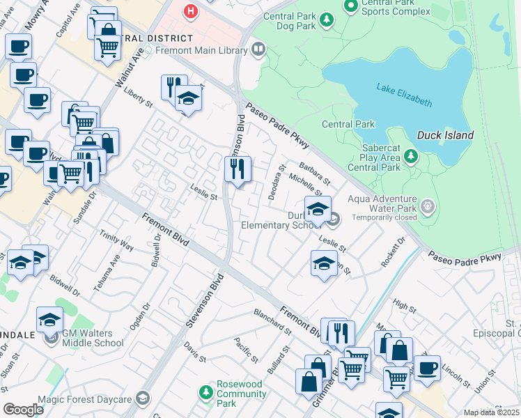 map of restaurants, bars, coffee shops, grocery stores, and more near 39979 Leslie Street in Fremont