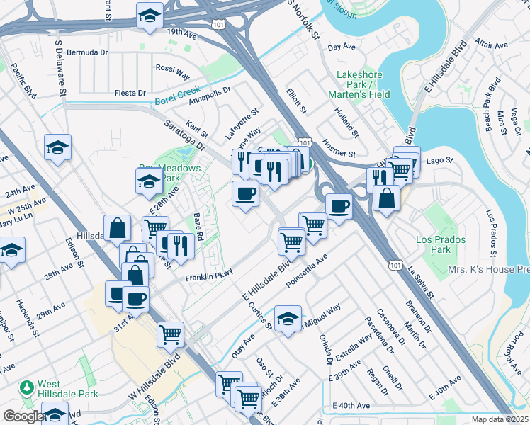 map of restaurants, bars, coffee shops, grocery stores, and more near 910 Franklin Parkway in San Mateo