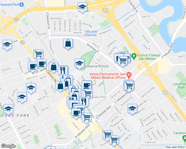 map of restaurants, bars, coffee shops, grocery stores, and more near 2852 Paddock Way in San Mateo