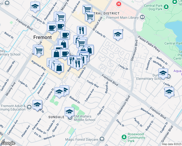 map of restaurants, bars, coffee shops, grocery stores, and more near 4033 San Francisco Terrace in Fremont