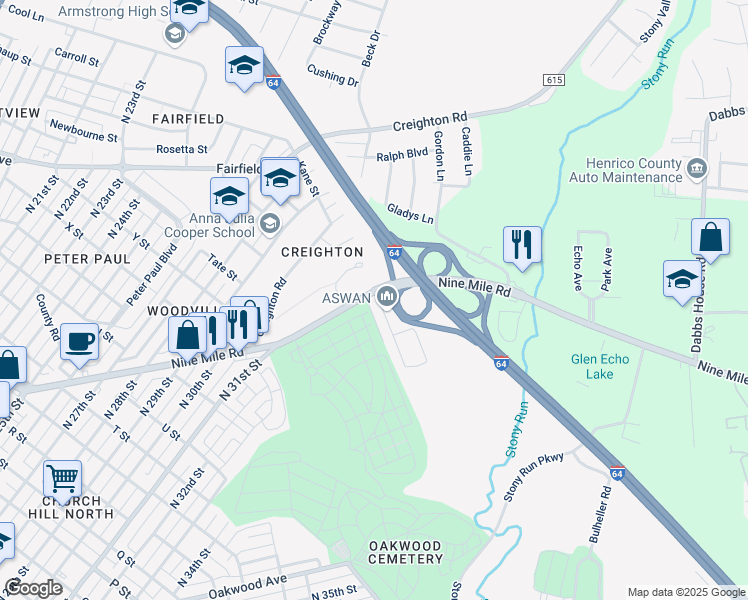 map of restaurants, bars, coffee shops, grocery stores, and more near 3233 Nine Mile Road in Richmond