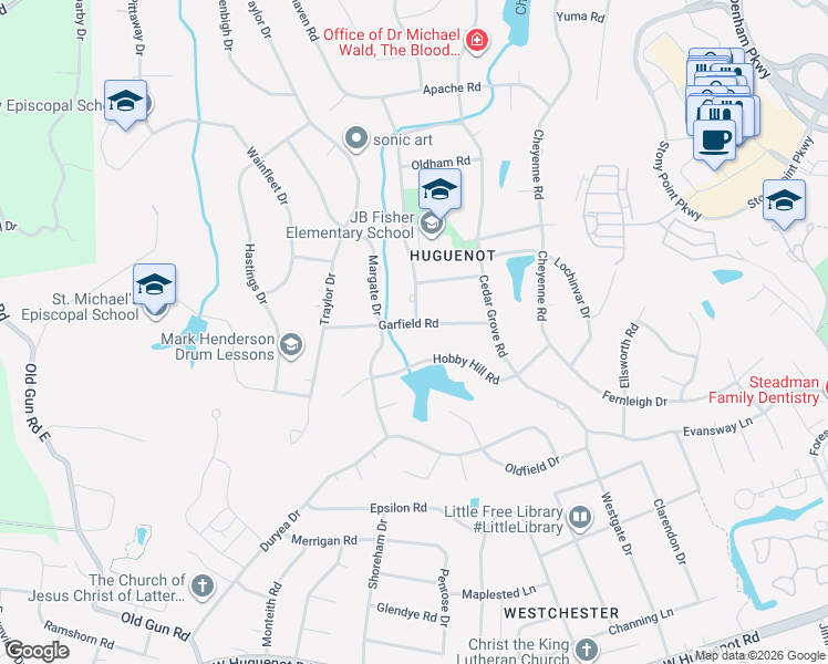 map of restaurants, bars, coffee shops, grocery stores, and more near 10163 Garfield Road in Richmond