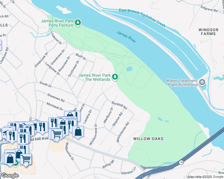 map of restaurants, bars, coffee shops, grocery stores, and more near 3319 Landria Drive in Richmond