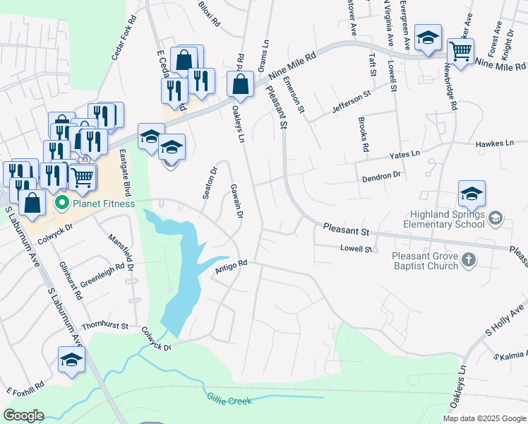 map of restaurants, bars, coffee shops, grocery stores, and more near 4023 Oakleys Lane in Richmond