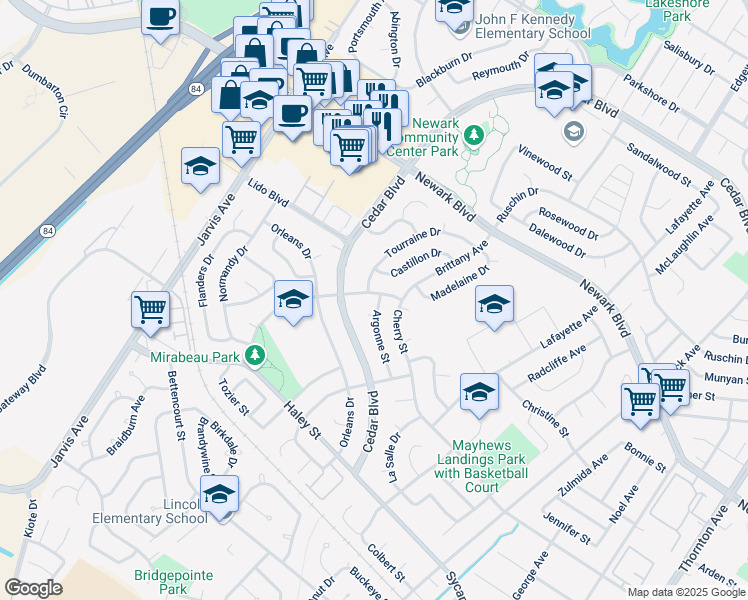 map of restaurants, bars, coffee shops, grocery stores, and more near 35803 Argonne Street in Newark