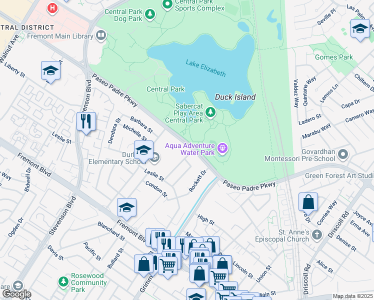 map of restaurants, bars, coffee shops, grocery stores, and more near 40295 Paseo Padre Parkway in Fremont