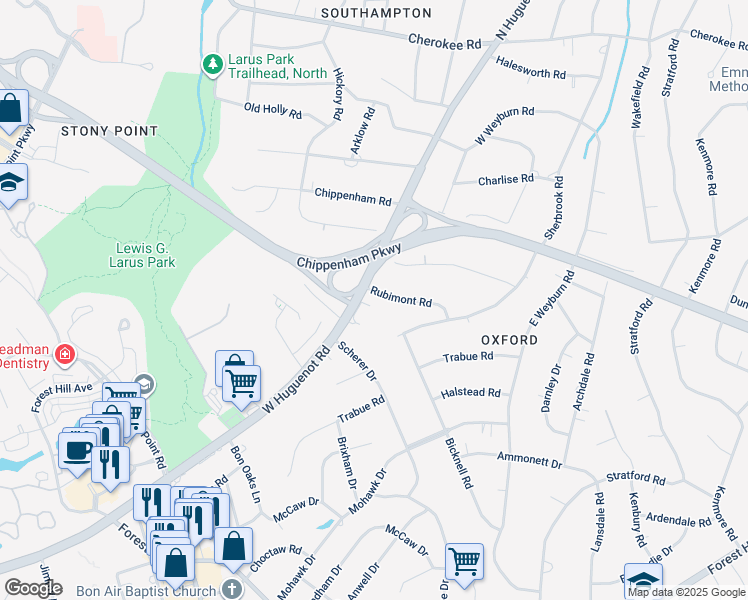 map of restaurants, bars, coffee shops, grocery stores, and more near 8481 Rubimont Road in Richmond