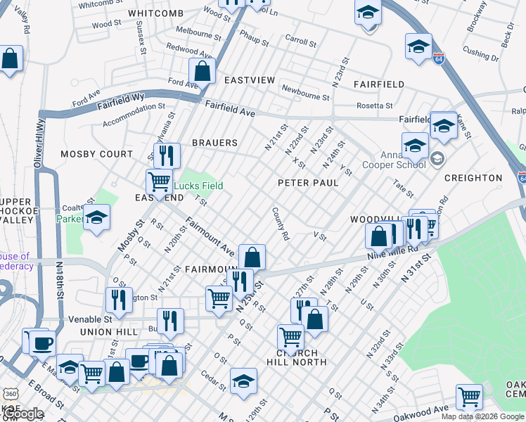 map of restaurants, bars, coffee shops, grocery stores, and more near 1506 North 23rd Street in Richmond
