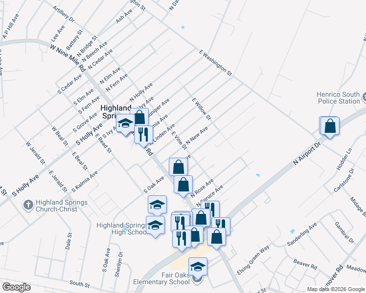 map of restaurants, bars, coffee shops, grocery stores, and more near 22 North New Avenue in Highland Springs