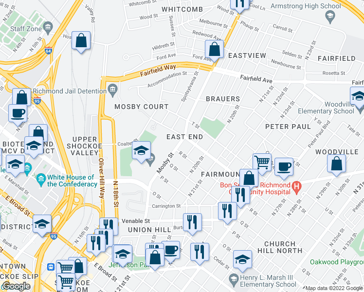 map of restaurants, bars, coffee shops, grocery stores, and more near 1804 O Street in Richmond