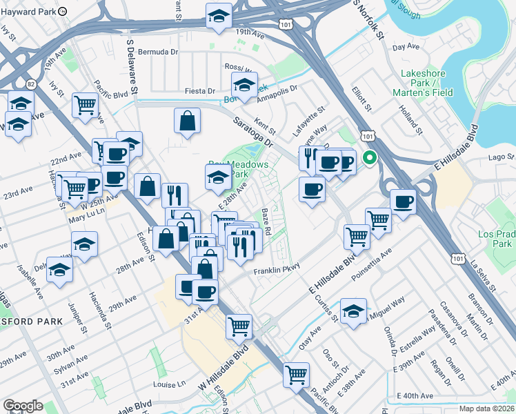 map of restaurants, bars, coffee shops, grocery stores, and more near 373 Derby Avenue in San Mateo