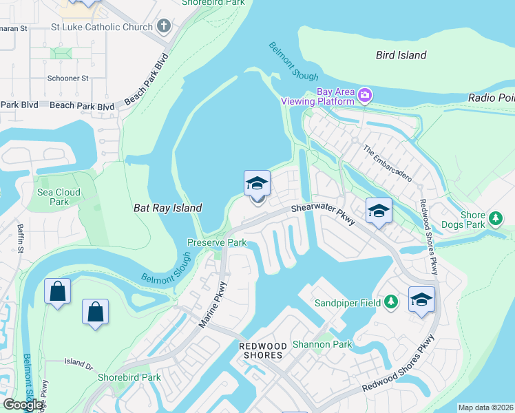 map of restaurants, bars, coffee shops, grocery stores, and more near 225 Shearwater Parkway in Redwood City