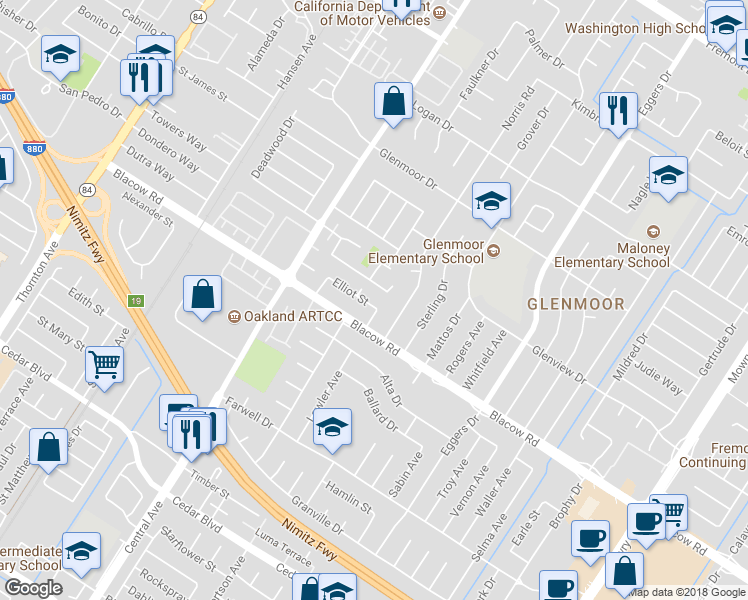 map of restaurants, bars, coffee shops, grocery stores, and more near 37842 Elliot Street in Fremont