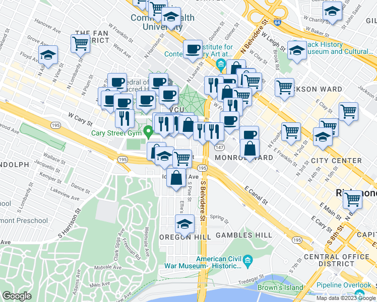 map of restaurants, bars, coffee shops, grocery stores, and more near 114 South Pine Street in Richmond