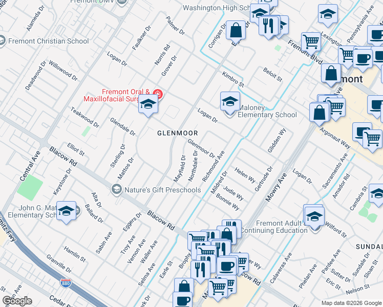map of restaurants, bars, coffee shops, grocery stores, and more near 4625 Northdale Drive in Fremont